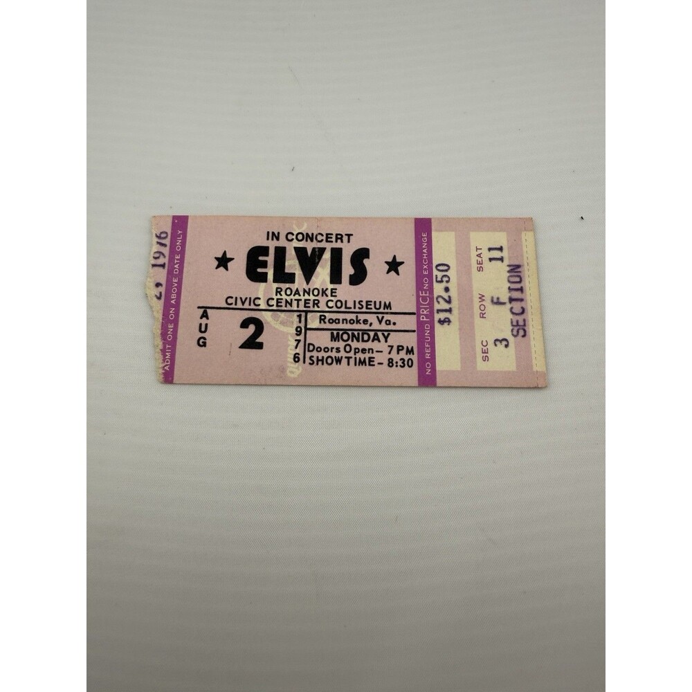Original Elvis August 2, 1976 Roanoke, Virginia Concert Ticket Torn